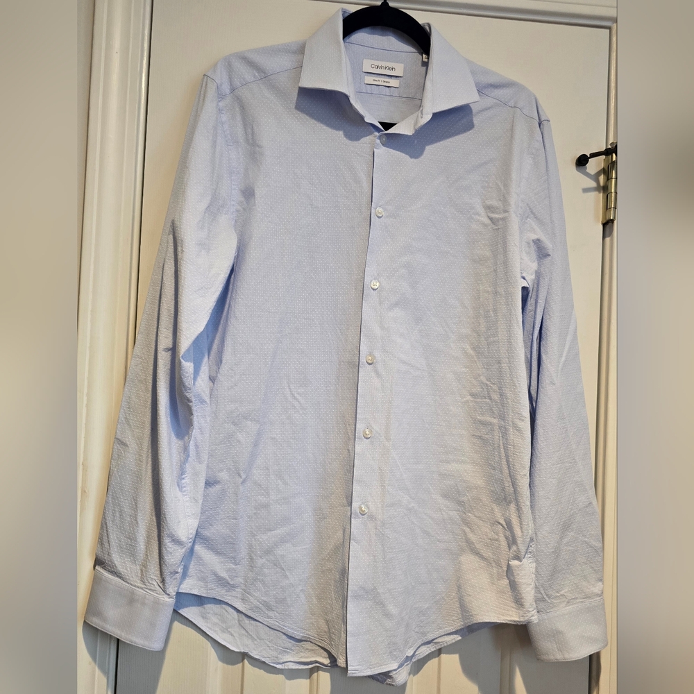Baby Blue Polka Dot Calvin Klein Long Sleeve Slim Fit Stretch Dress Shirt Men L